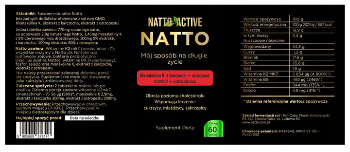 NattoActive Monakolina K z Nattokinaza z witaminą K2 mk7 60 tabletek