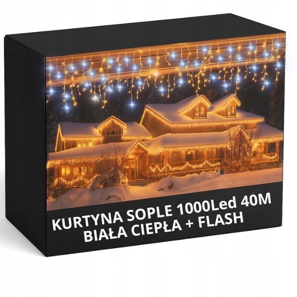 Kurtyna świąteczna 1000LED 40m sopelki BIAŁA CIEPŁA + FLASH