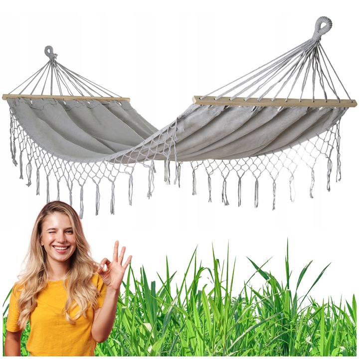 HAMAK OGRODOWY BRAZYLIJSKI BOHO SZARY KEMPINGOWY HUŚTAWKA MOCNA 150 KG