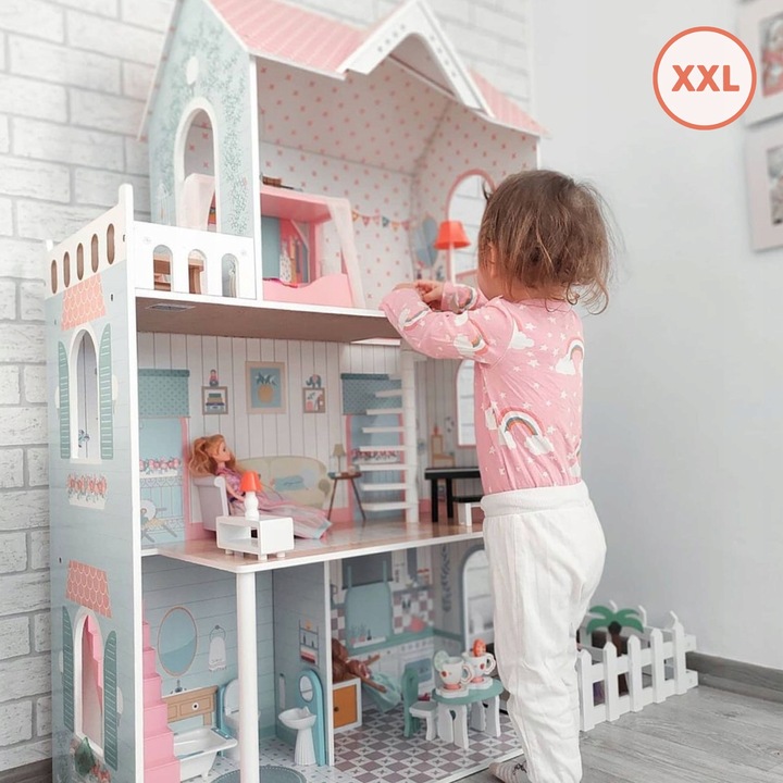 Duży Domek Dla Lalek XXL Drewniany Mebelki Do Zestawu Oświetlenie LED