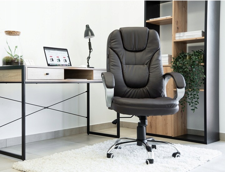 FOTEL BIUROWY OBROTOWY KRZESŁO BIUROWE OBROTOWE ERGONOMICZNY SKÓRZANY BRĄZ