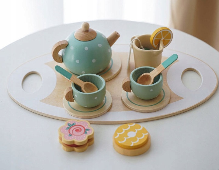 SERWIS KAWOWY HERBACIANY DREWNIANY ZESTAW DO HERBATY DLA DZIECI CZAJNIK 15e