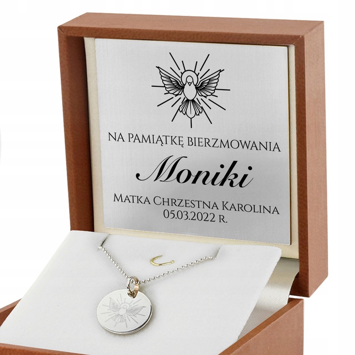 Srebrny Naszyjnik na Łańcuszku 925 z Grawerem Pamiątka Bierzmowania Pudełko