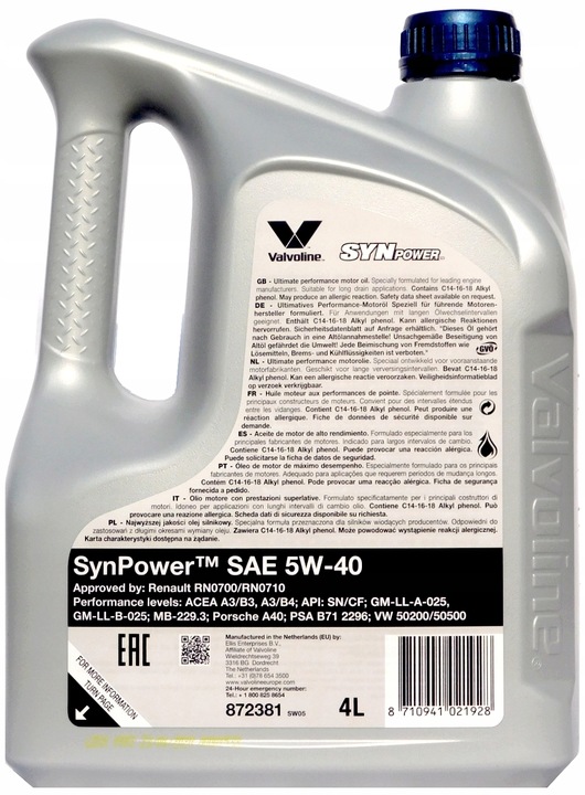 Olej Valvoline SYNPOWER 5W40 4L