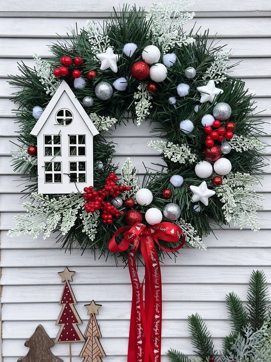 WIANEK ŚWIĄTECZNY BOŻE NARODZENIE WIENIEC NA DRZWI STROIK CHOINKI DOMEK