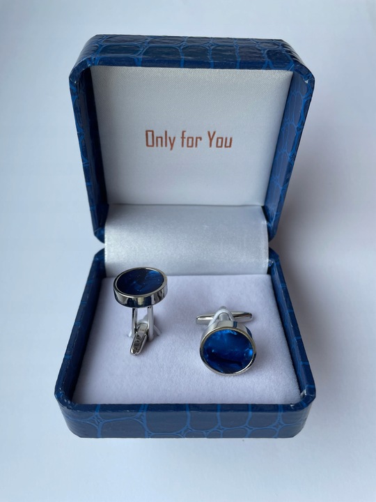 Smokingowe spinki do mankietów EXC Srebrne z Niebieską Masą Perłową + Etui