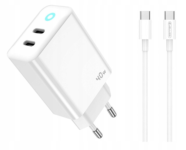JELLICO ładowarka sieciowa EU19 GaN PD 40W 2xUSB-C Biały + Kabel 2x USB - C