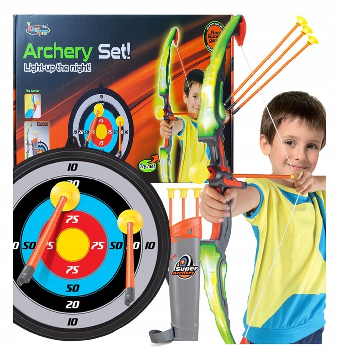 ŁUK ŚWIECĄCY LED +TARCZA DUŻY ZESTAW Z TARCZĄ DLA DZIECI STRZELANIE DO CELU