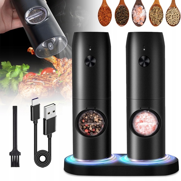USB ŁADOWANIE ELEKTRYCZNY MŁYNKÓW DO SOLI I PIEPRZU, 2X MŁYNEK DO PRZYPRAW