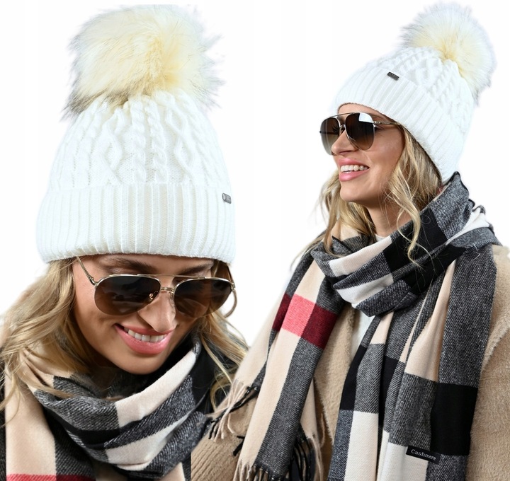 Czapka Damska Z Pomponem Zimowa kremowa Ciepła czapka z polarem PL - ECRU