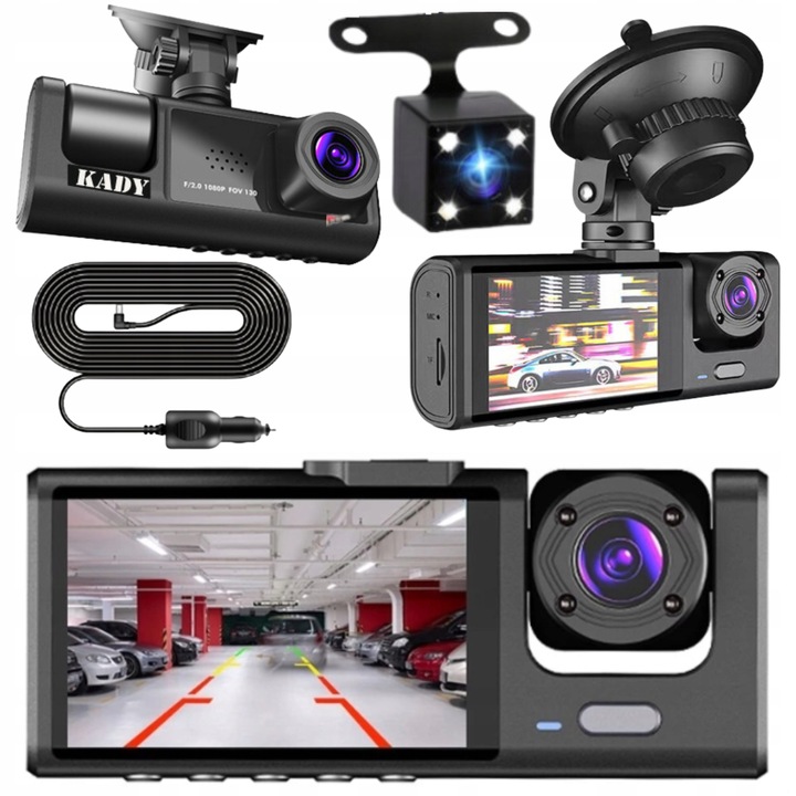 KAMERA SAMOCHODOWA WIDEOREJESTRATOR KADY FULL HD 3 KMAERY DO TAXI/UBER/BOLT