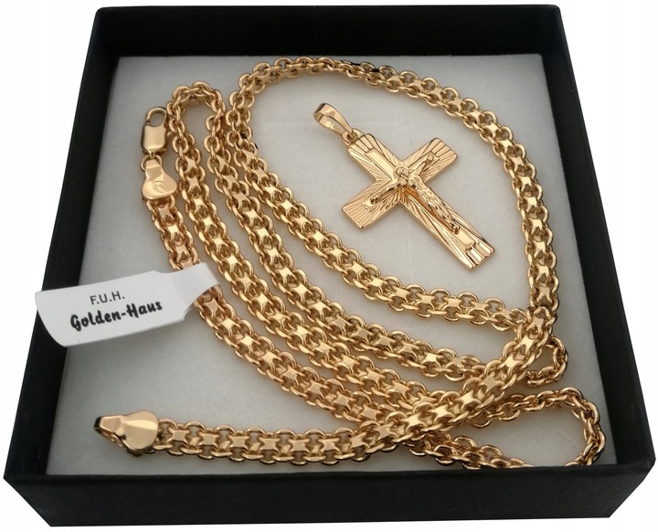 ZŁOTY ŁAŃCUSZEK BISMARK 50CM 5MM Z KRZYŻYKIEM STAL CHIRURGICZNA 18K PREZENT