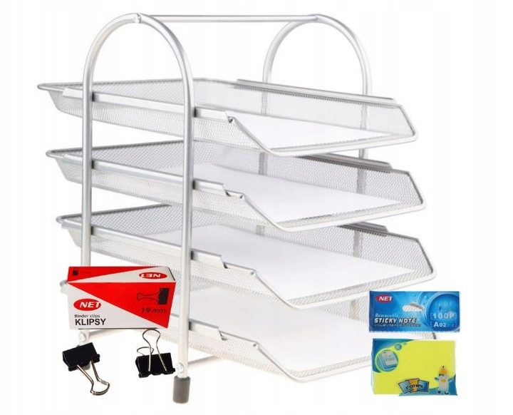 Organizer z szufladami półka na dokumenty Net 4A metal srebrna + klips 19mm