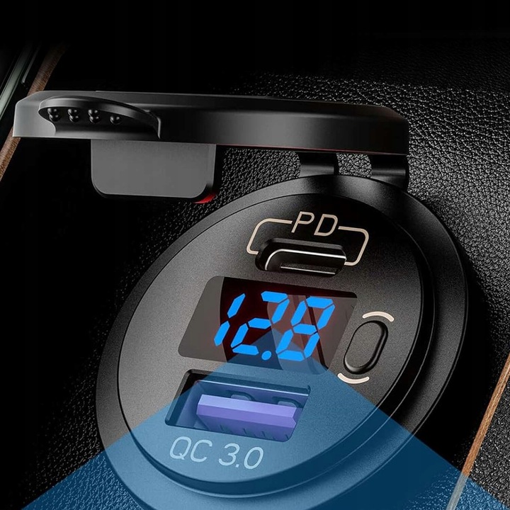 Ładowarka samochodowa USB QC 3.0 USB-C C PD gniazdo zapalniczki Woltomierz