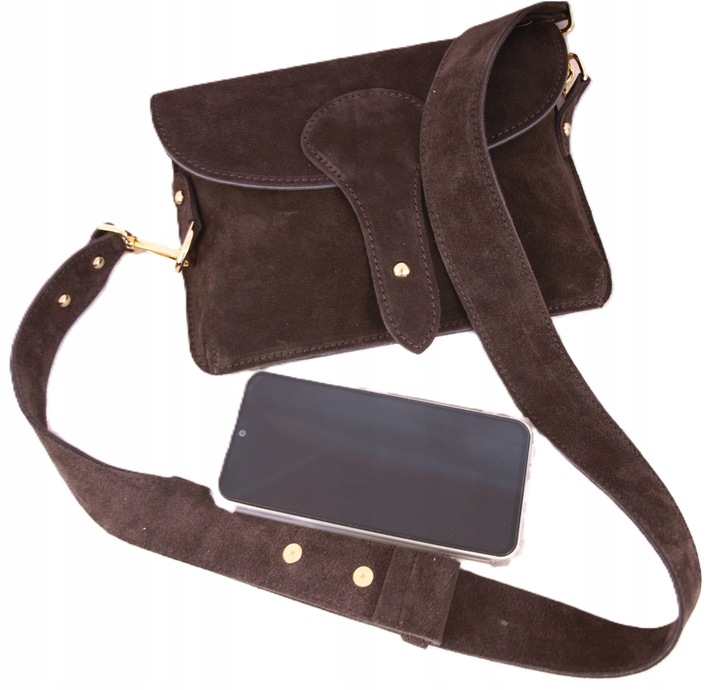 Zamszowa Torebka włoska CZEKOLADOWA nerka listonoszka MAXI DUŻA WERSJA