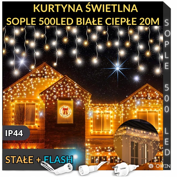SOPLE LED 500 LAMPKI CIEPŁE WISZĄCE 20M ZEWNĘTRZNE WEWNĘTRZNE EFEKT FLASH
