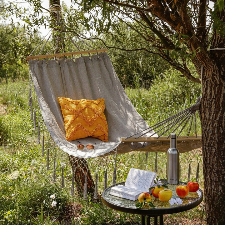 HAMAK OGRODOWY z DRĄŻKIEM fędzle BOHO huśtawka 120kg +TORBA LINY GRATIS