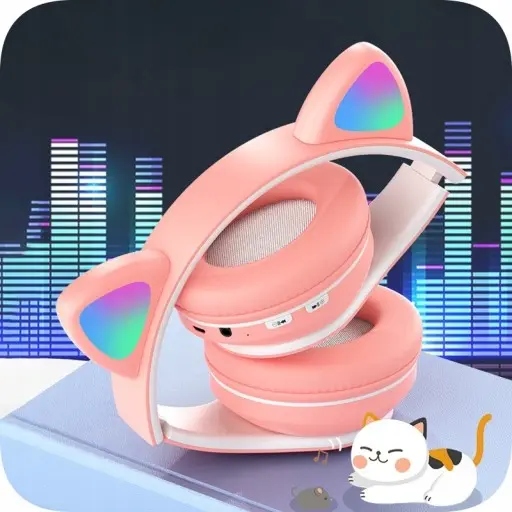 Słuchawki Kotki dla dzieci Bluetooth LED RGB Różowe Kocie Uszy