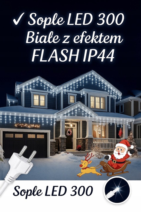SOPLE LED 300 Zimny Biały+FLASH 14m Kurtyna Świetlna Lampki Zewnętrzne IP44