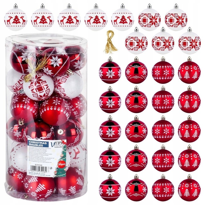 30x Bombki CHOINKOWE świąteczne nietłukące BIAŁE CZERWONE zestaw bombek