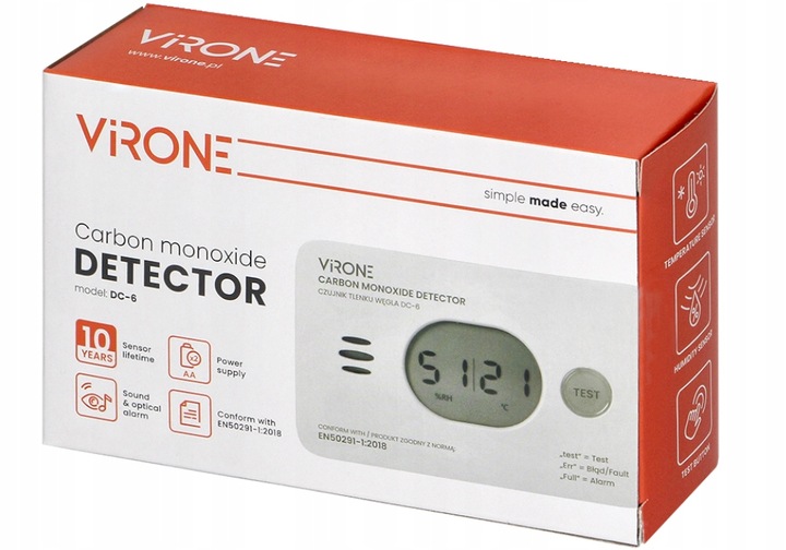 CZUJNIK CZADU DETEKTOR TLENKU WĘGLA GAZU CO 10 LAT + TERMOMETR + BATERIE