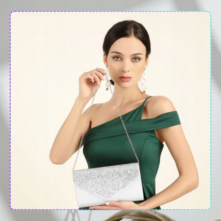 Srebrna Torebka Kopertówka Błyszcząca Wizytowa Damska portfel łańcuszek