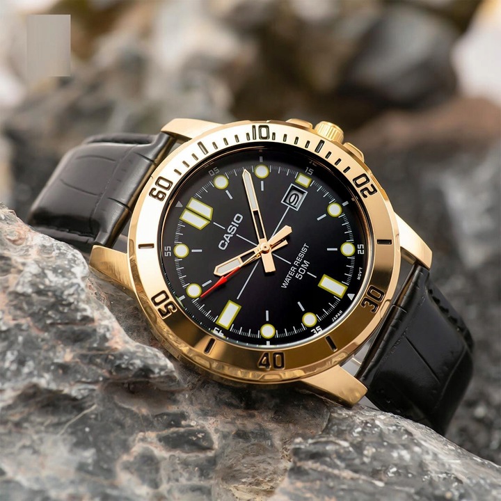 ZEGAREK MĘSKI CASIO MTP-VD01 skórzany datownik czarny + BOX +GRAWER