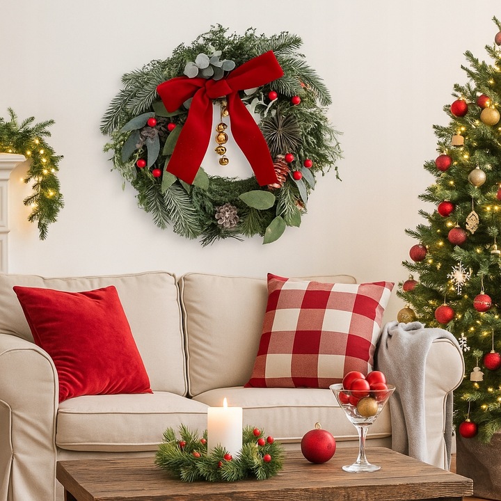 Wianek na drzwi świąteczny z czerwoną kokardą wieniec Altom Design 32 cm