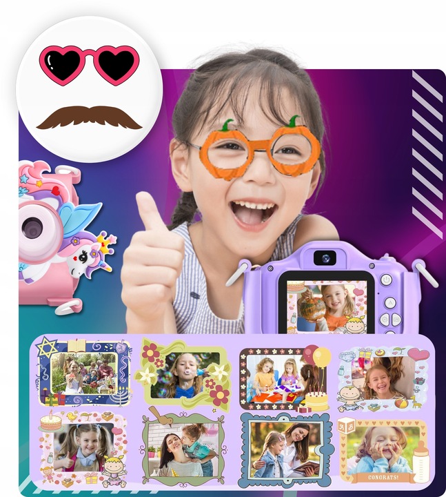 APARAT CYFROWY DLA DZIECI JEDNOROŻEC SELFIE KAMERA+KARTA 32GB MENU PL