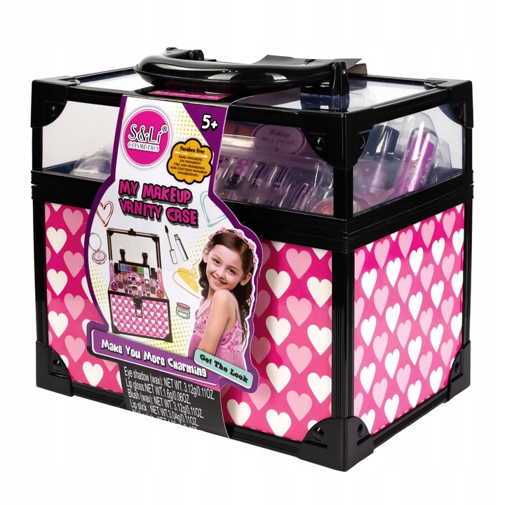 KUFEREK KOSMETYCZKA DLA DZIEWCZYNKI CIENIE LAKIERY TIPSY SZMINKA +BIŻUTERIA