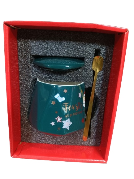 KUBEK ŚWIĄTECZNY - zestaw w pudełku z pokrywką i łyżeczką 225 ml, zielony