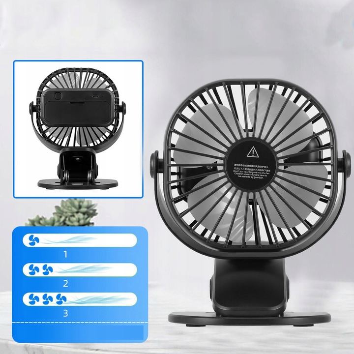 WENTYLATOR BIURKOWY CICHY WIATRAK BEZPRZEWODOWY 3 TRYBY USB TYPC
