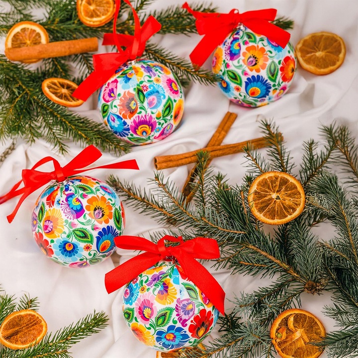 Bombki choinkowe w pudełku Folkstar wzór łowicki, nietłukące się, 4szt.