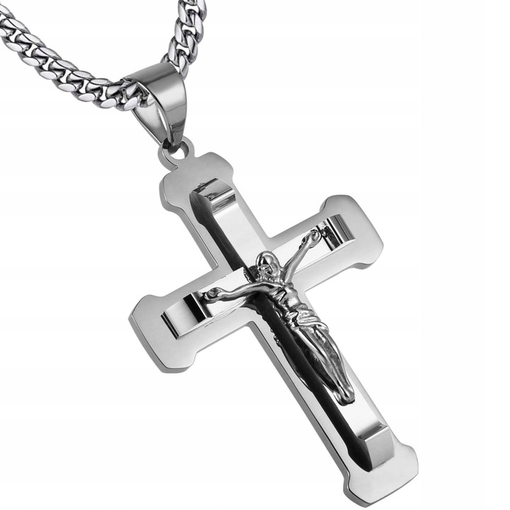 Naszyjnik srebrny duży krzyż krzyżyk Jezus stal szlachetna 316L 50 cm