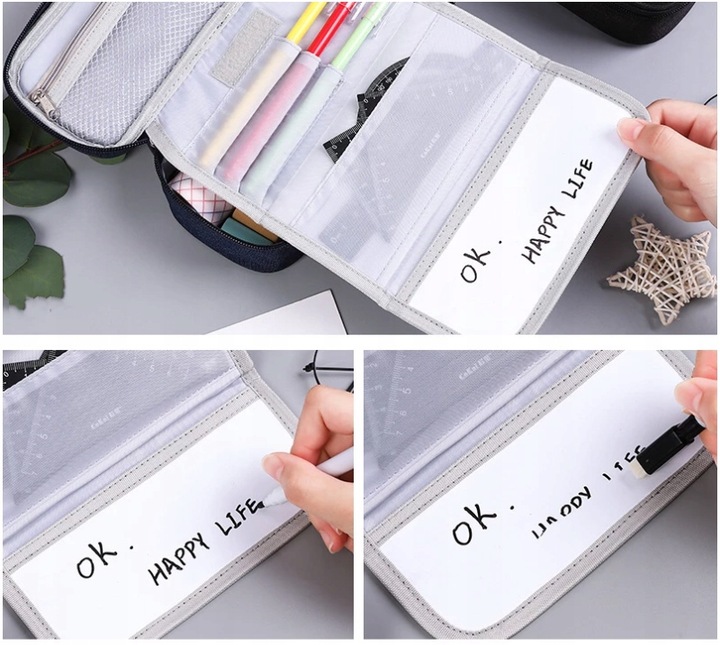 PIÓRNIK SZKOLNY z mini tablicą ścieralną czarny