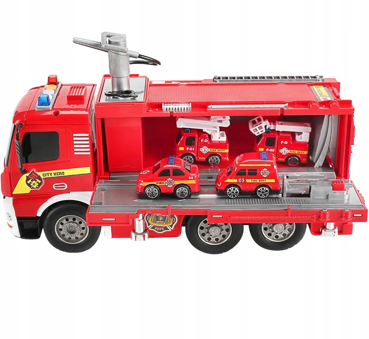 DUŻY WÓZ STRAŻACKI NA WODĘ STRAŻ POŻARNA zjeżdżalnia 4 auta ŚWIATŁO DŻWIĘK