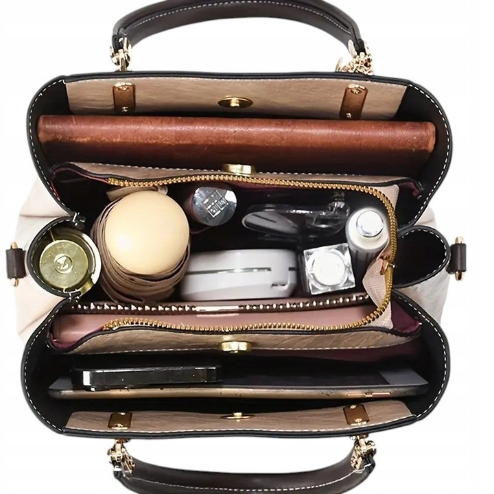 Torebka Damska BRĄZOWA Beżowa na Ramię Pasek do Ręki na Zamek Kuferek