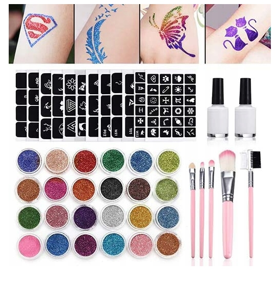 DUŻY ZESTAW DO ROBIENIA TATUAŻY SZABLONY TATUAŻE BROKATOWE ZMYWALNE BROKATY