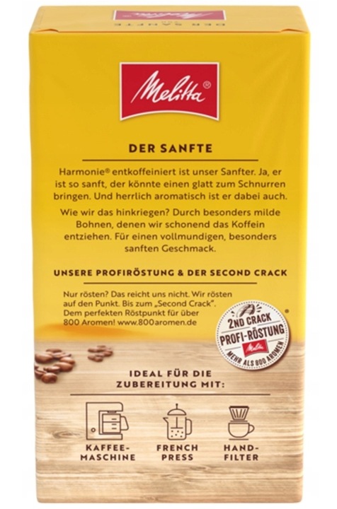 Melitta Harmonie Entcoff. bezkofeinowa kawa mielona 500g Import z Niemiec