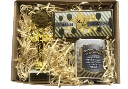 Prezent Na Urodziny 18-99 Zestaw Kosz Prezentowy Statuetka Kubek Czekolada