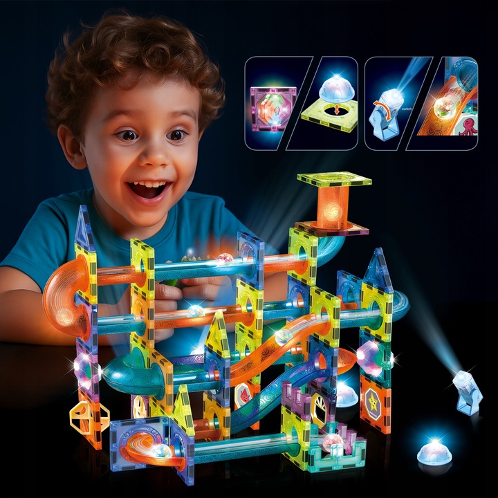 Klocki Magnetyczne Święcący Tor Kulkowy 110 Elementów Kulodrom Zestaw