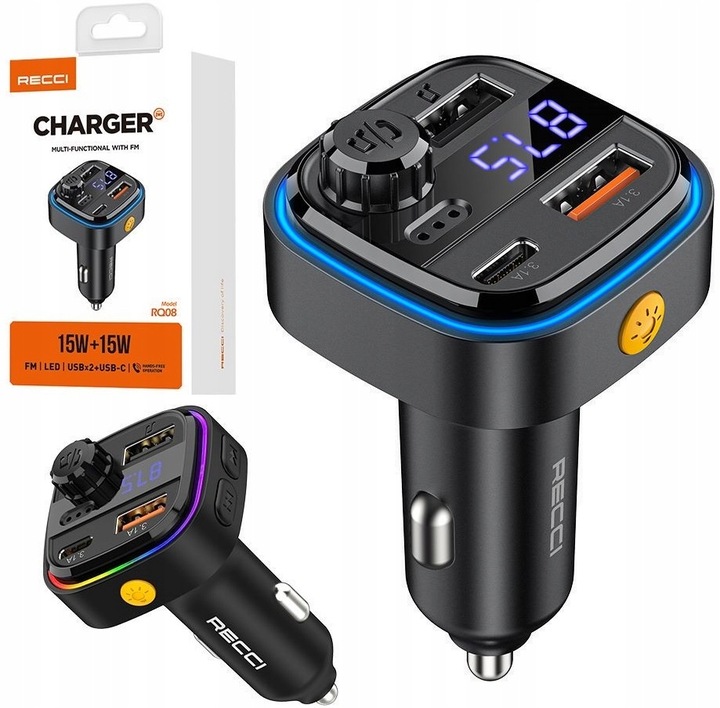 TRANSMITER SAMOCHODOWY FM BLUETOOTH LED USB i USB-C QC 3.1A RECCI