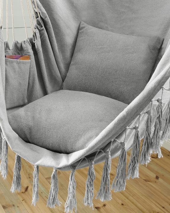 KRZESŁO BRAZYLIJSKIE FOTEL WISZĄCY HAMAK HUŚTAWKA JASNY SZARY Z PODUSZKAMI