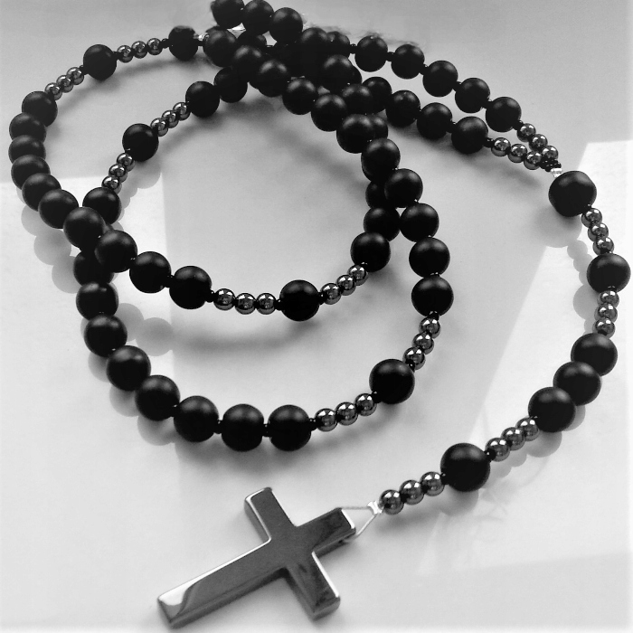 MĘSKI NASZYJNIK RÓŻANIEC ONYKS HEMATYT HIT Nowość