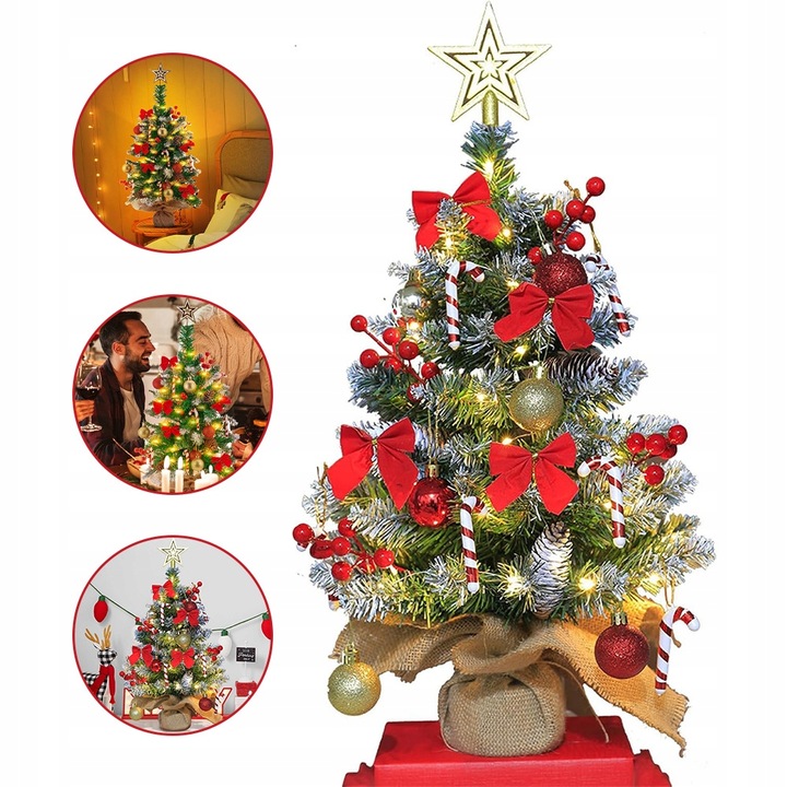 MAŁA SZTUCZNA CHOINKA 60 CM DO DEKORACJI STOŁU Z OŚWIETLENIEM LED