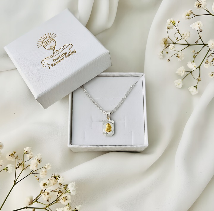 Srebrny zestaw 45 cm pancerka + medalik Matka Boska Komunia Chrzest prezent