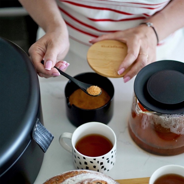 Czarna CUKIERNICA +ŁYŻECZKA pojemnik na CUKIER z bambusową POKRYWKĄ 350ml