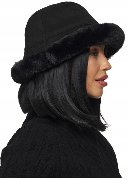 CZAPKA DAMSKA zimowa ciepła z futrem futrzana eko zamsz bucket czarna