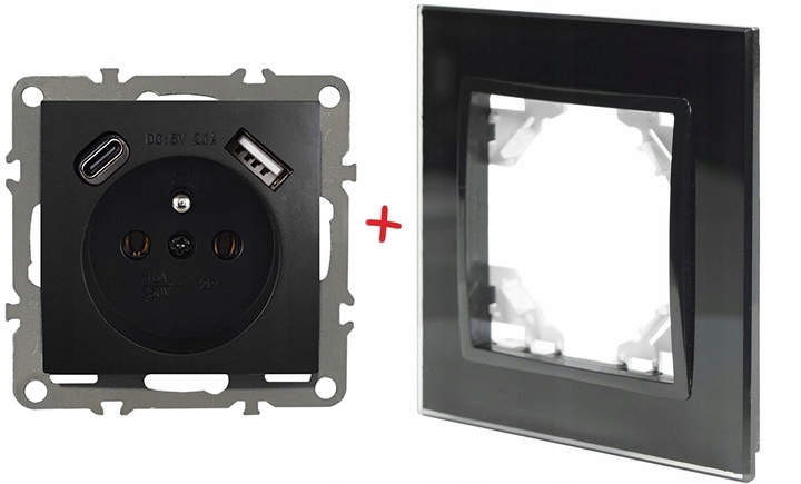 GNIAZDO GNIAZDKO SZKLANE POJEDYNCZE CZARNE BOLCEM PODTYNKOWE USB C PREMIUM