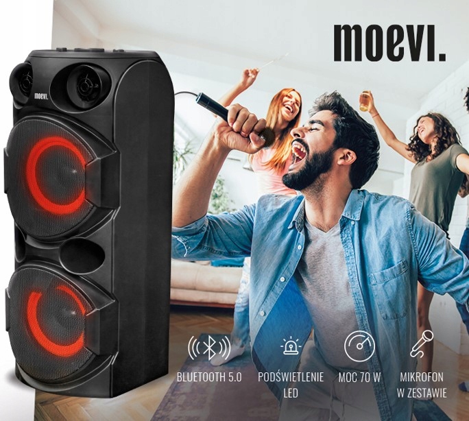 Moevi Duży głośnik 70 W przenośny, kolumna karaoke z mikrofonem, 63 cm
